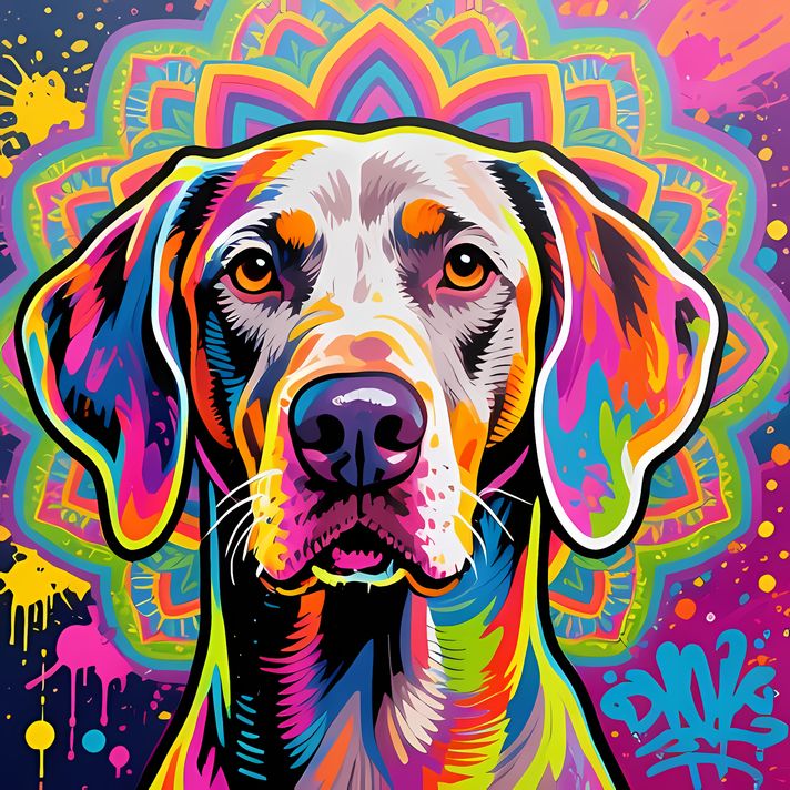 🐾16 Weimaraner Dogs High-Res Art Images in Psychedelic Pop & Street Art Styles  📦 What’s Included:  16 Files in total High Resolution: 300 DPI for professional quality Image Sizes: From 3072px to 9216px (portrait, landscape and square orientations) 🎨 Perf