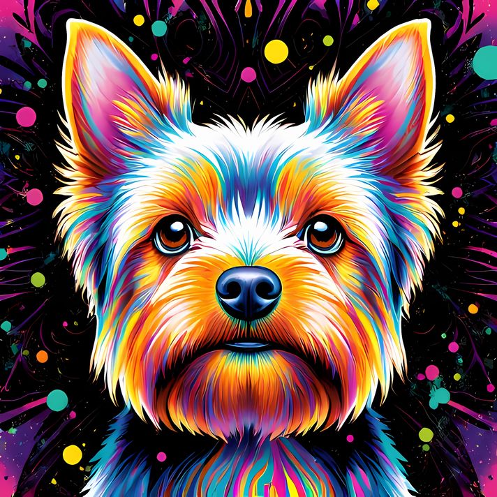 🐾11 Yorkshire Terrier Dogs High-Res Art Images in Psychedelic Pop & Street Art Styles  📦 What’s Included:  11 Files in total High Resolution: 300 DPI for professional quality Image Sizes: From 3072px to 9216px (portrait and square orientations) 🎨 Perfect 