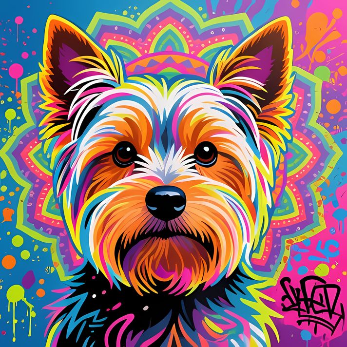 🐾11 Yorkshire Terrier Dogs High-Res Art Images in Psychedelic Pop & Street Art Styles  📦 What’s Included:  11 Files in total High Resolution: 300 DPI for professional quality Image Sizes: From 3072px to 9216px (portrait and square orientations) 🎨 Perfect 