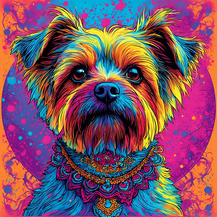 🐾11 Yorkshire Terrier Dogs High-Res Art Images in Psychedelic Pop & Street Art Styles  📦 What’s Included:  11 Files in total High Resolution: 300 DPI for professional quality Image Sizes: From 3072px to 9216px (portrait and square orientations) 🎨 Perfect 