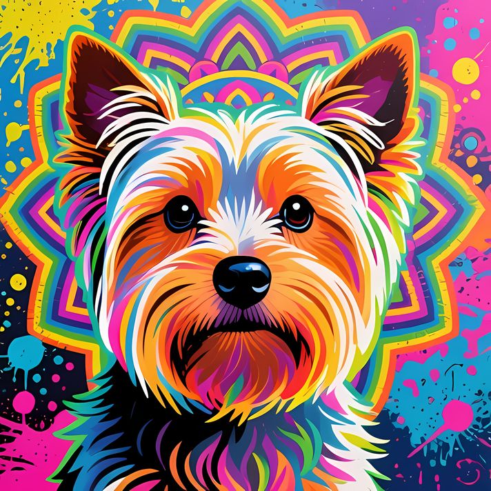 🐾11 Yorkshire Terrier Dogs High-Res Art Images in Psychedelic Pop & Street Art Styles  📦 What’s Included:  11 Files in total High Resolution: 300 DPI for professional quality Image Sizes: From 3072px to 9216px (portrait and square orientations) 🎨 Perfect 