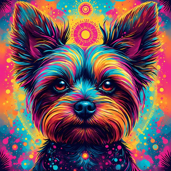 🐾11 Yorkshire Terrier Dogs High-Res Art Images in Psychedelic Pop & Street Art Styles  📦 What’s Included:  11 Files in total High Resolution: 300 DPI for professional quality Image Sizes: From 3072px to 9216px (portrait and square orientations) 🎨 Perfect 