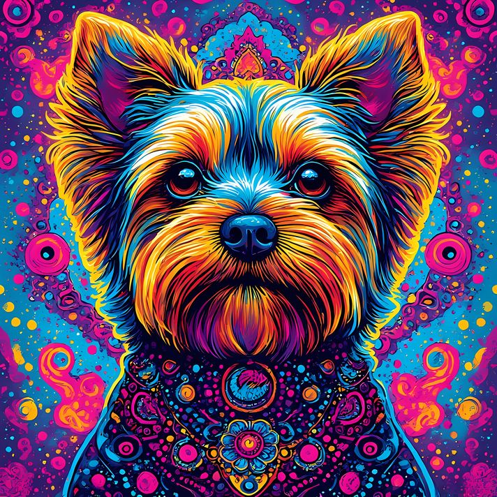 🐾11 Yorkshire Terrier Dogs High-Res Art Images in Psychedelic Pop & Street Art Styles  📦 What’s Included:  11 Files in total High Resolution: 300 DPI for professional quality Image Sizes: From 3072px to 9216px (portrait and square orientations) 🎨 Perfect 
