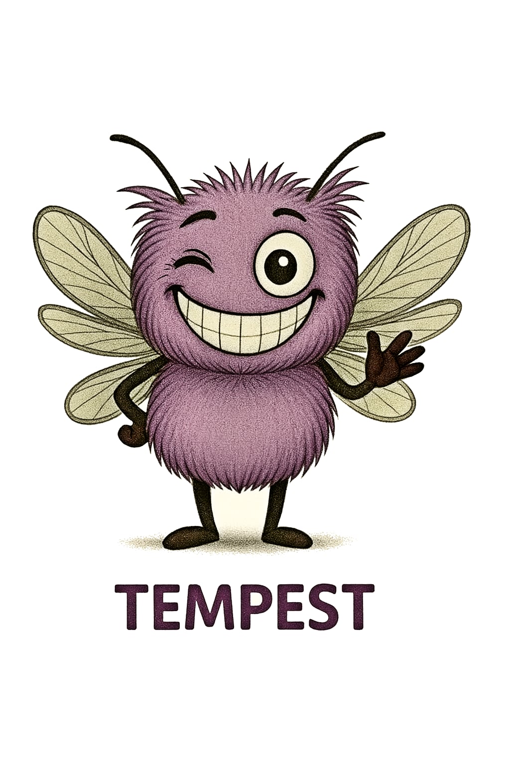 Tempest the purple Storm Mosquito cartoon character – symbol for BPD, smiling with wide grin and wings