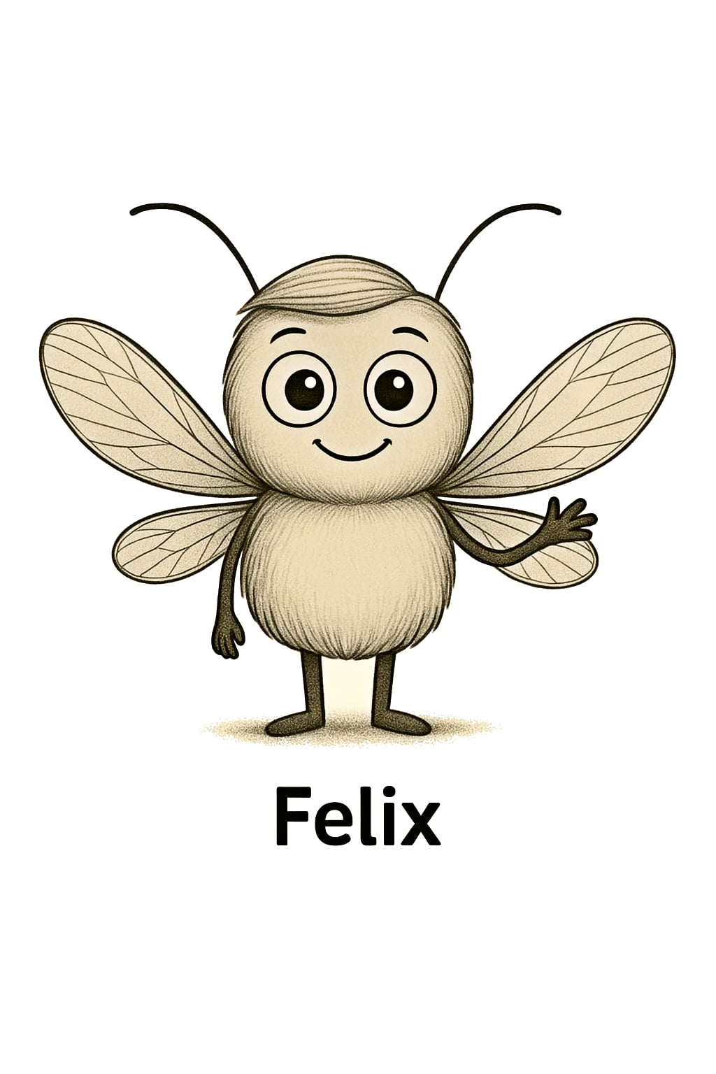 Cartoon character Felix standing under a glitter rainbow in a meadow with perfectly symmetrical flowers, representing balance, calm, and hope.