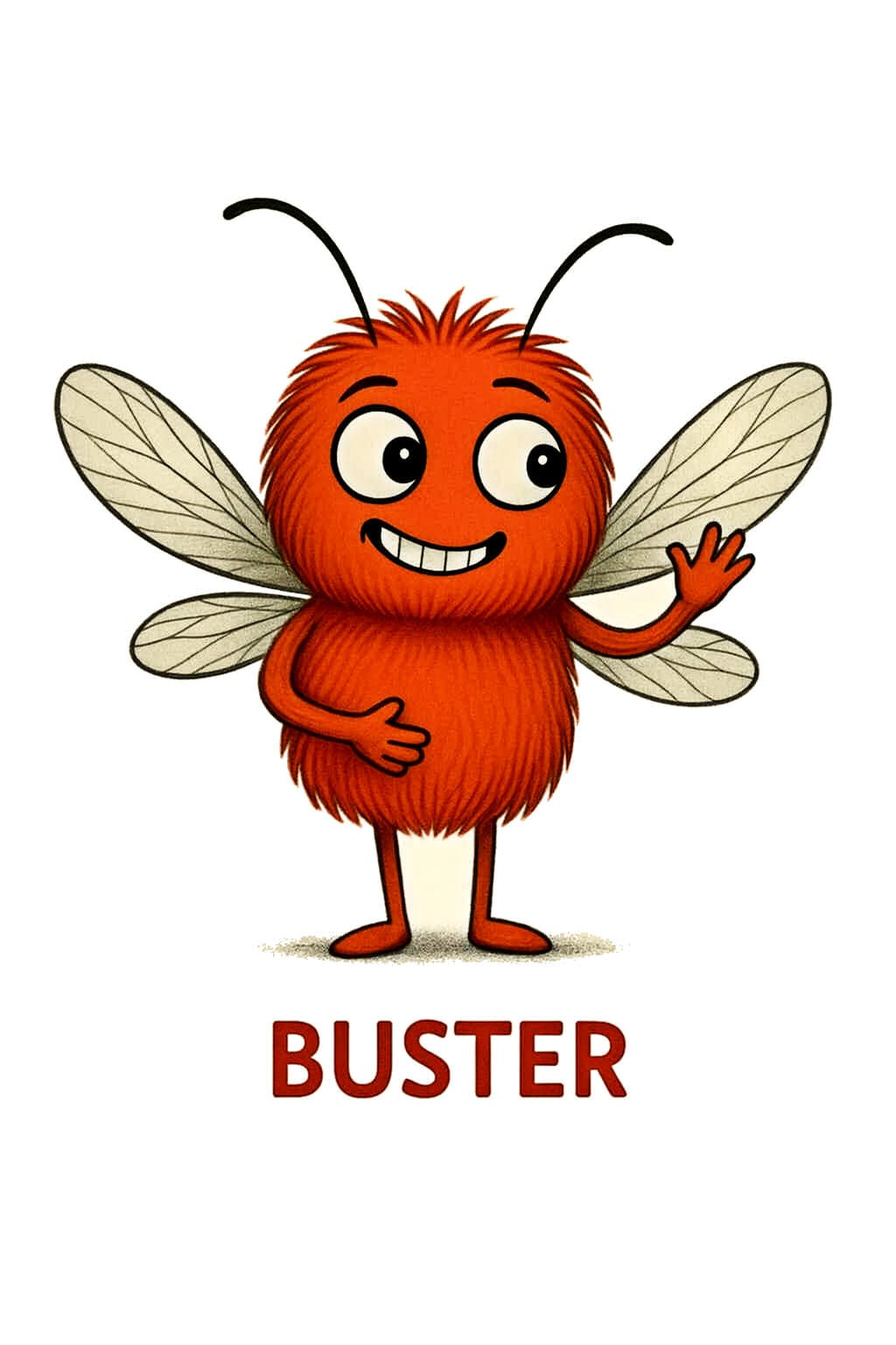 Cartoon character Buster, a fluffy orange mosquito with wings, smiling and waving, representing Panic Disorder in the Mental Health Musings collection.