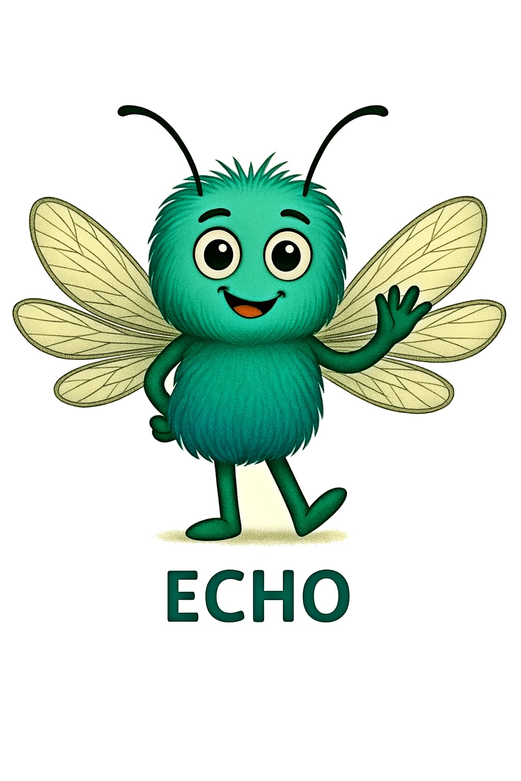 Cartoon mosquito character Echo, teal and fluffy with wide eyes and wings, standing with arms slightly open, symbolizing schizophrenia awareness in the Mental Health Musings collection.