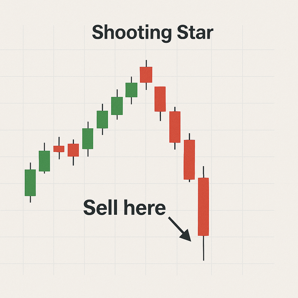 chart with shooting star at top + arrow saying “Sell here.