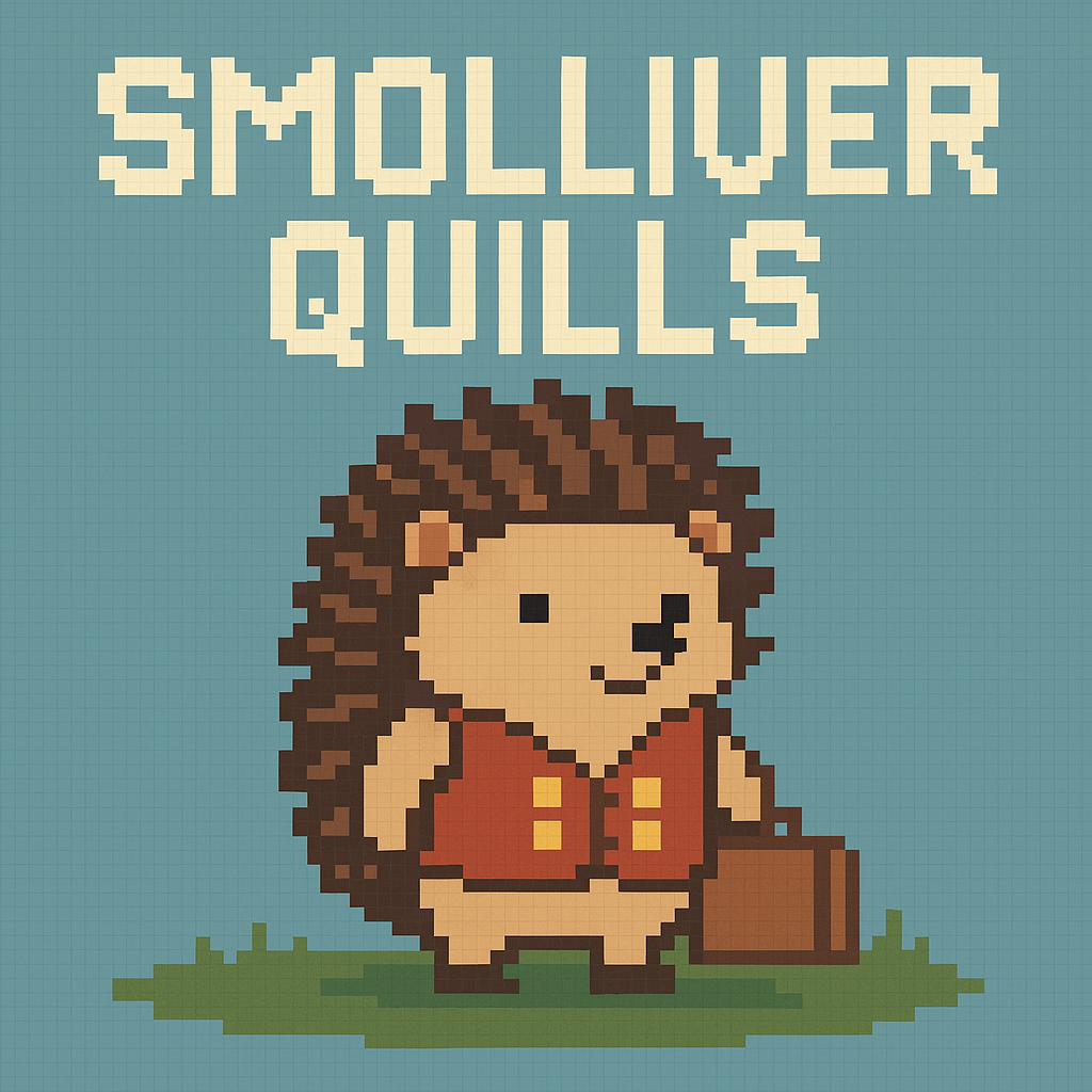 Pixel art of Smolliver Quills, a small brown hedgehog with dark quills, standing on grass against a light blue background. He wears a red vest with yellow buttons and carries a little suitcase. Above him, large blocky text reads “SMOLLIVER QUILLS.” The im