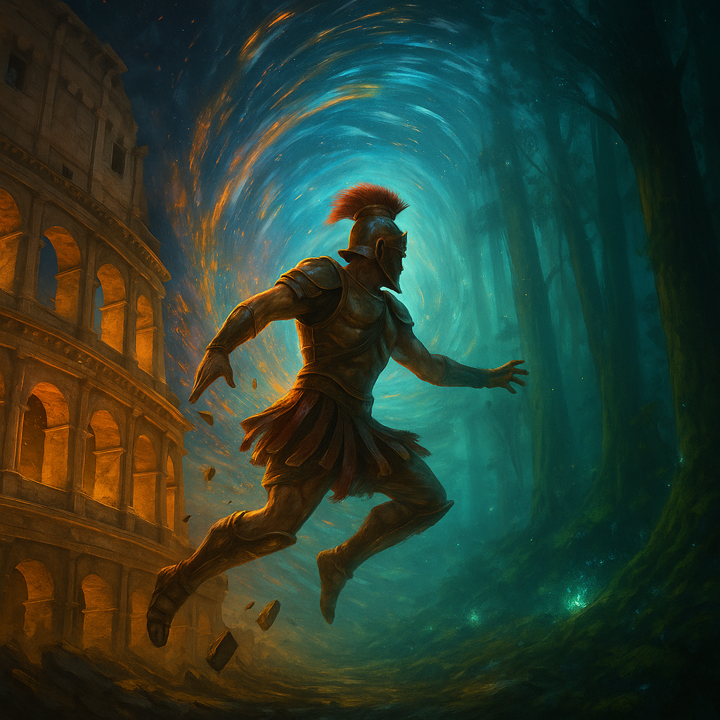 Roman warrior stepping into a glowing time portal between worlds