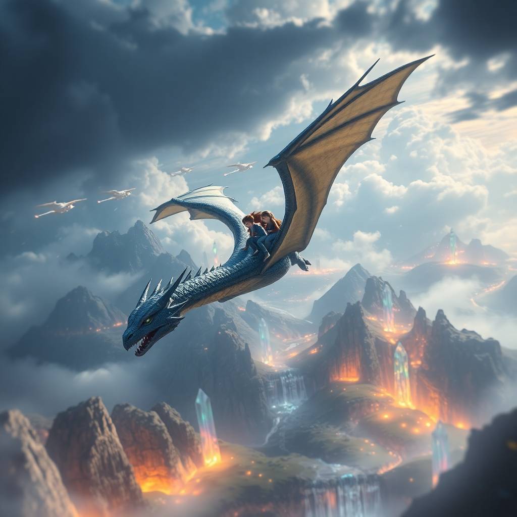blue dragon with a rider soaring through a cloudy sky.