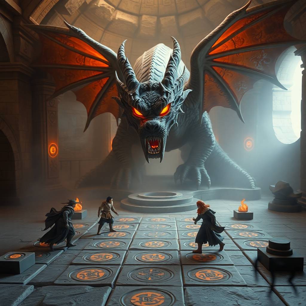 winged dragon with glowing red eyes in a cavernous chamber