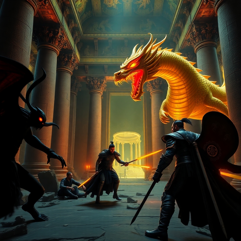knights and a demonic figure facing off against a golden dragon with glowing red eyes and mouth