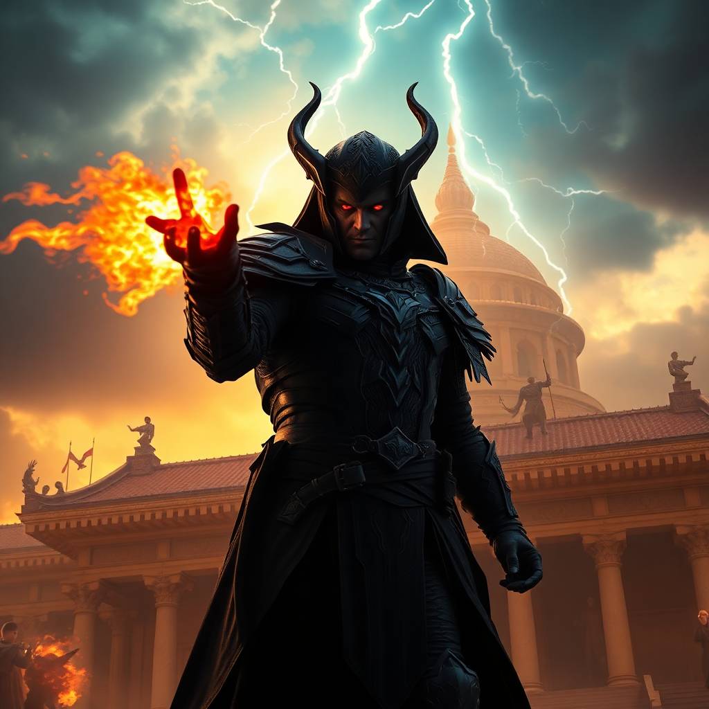 Dark armored warrior with fiery hand and lightning in the sky.