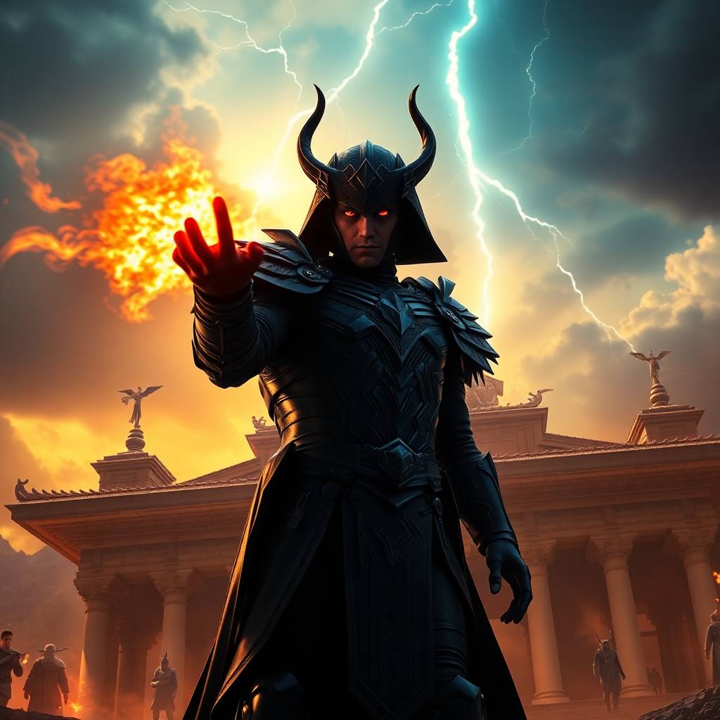 Figure in black horned armor raising a glowing red hand before a temple under a lightning and fire-filled sky.