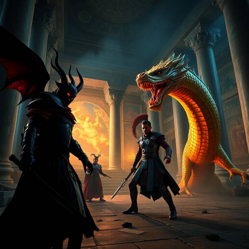 Demon figure and warrior facing each other with a huge golden dragon in a pillared temple hall.