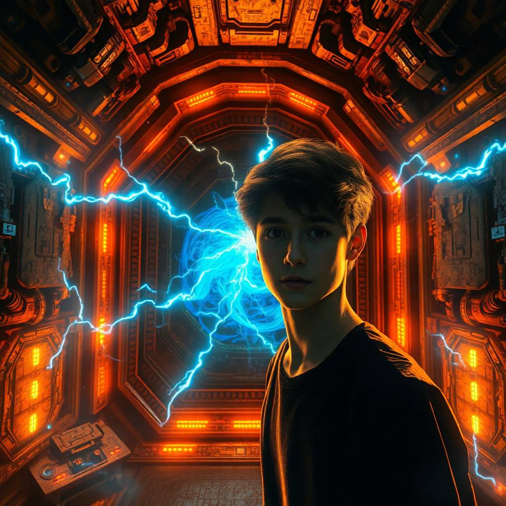 Young man standing in a futuristic orange corridor with blue lightning crackling behind him.