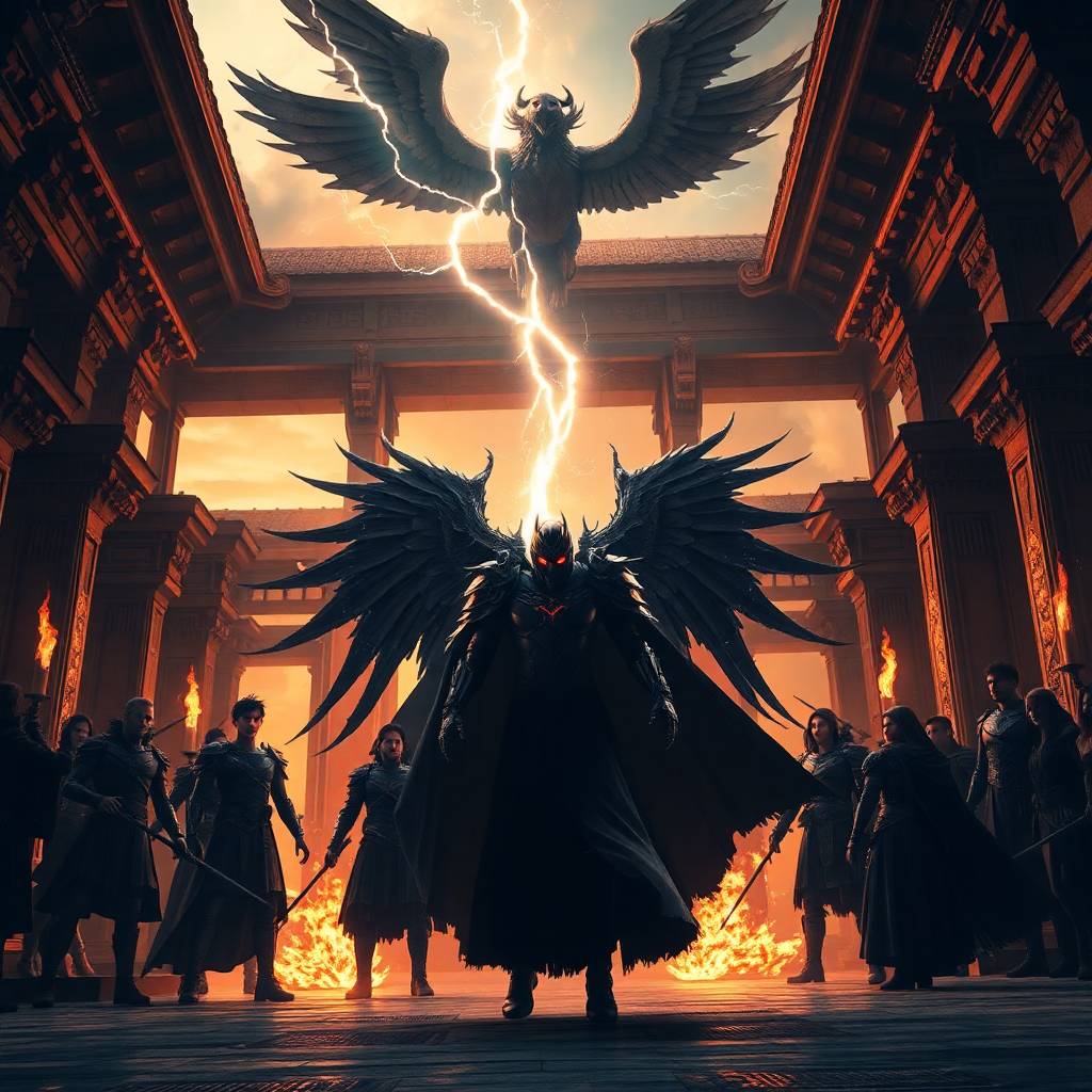 Winged demonic figure facing a crowd under a lightning-struck winged statue.