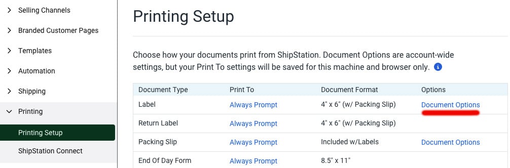 shipstation label optons to print label and packing slip together