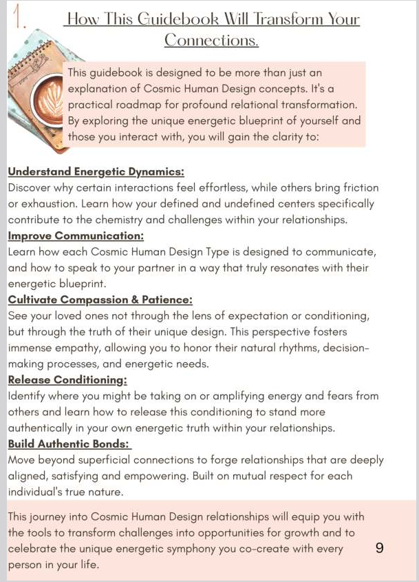 Bullet points of transformations: Understand Energetic Dynamics and Improve Communication in Human Design relationships.