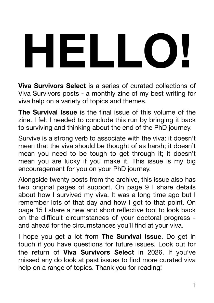 Page 1 of Viva Survivors Select 08, titled HELLO! - an introduction to the issue and the contents.