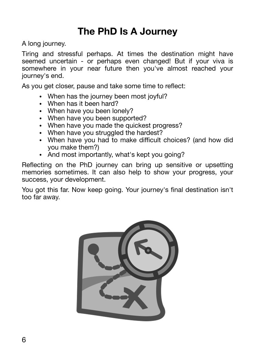 Page 6, titled The PhD Is A Journey. Post of reflective questions. Image at the bottom shows a map and compass in a simple cartoon style.