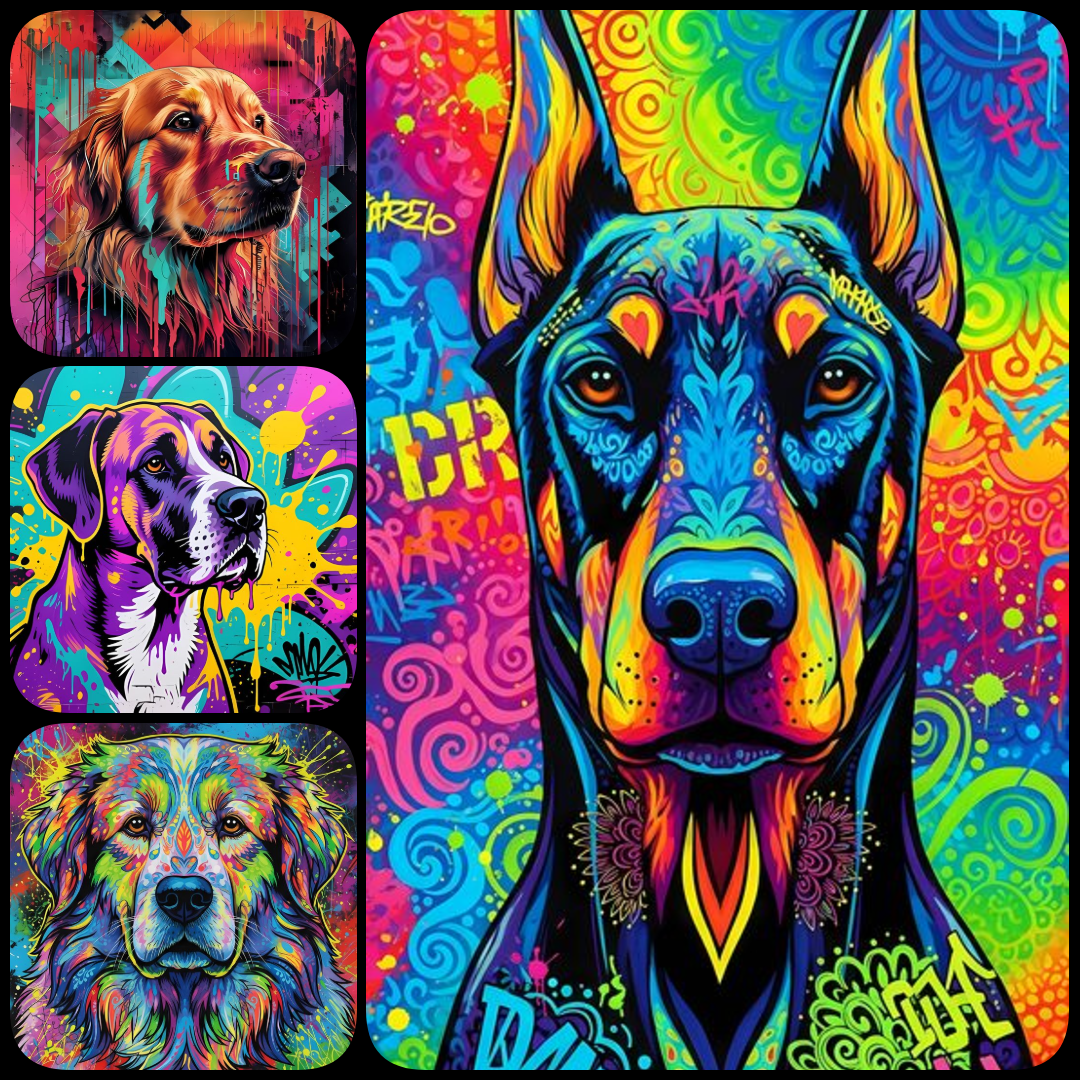 30 FREE Files - Stunning Dogs in Psychedelic Pop & Street Art Styles  Suggested Uses for This Art:  Wall décor for living rooms, bedrooms, nurseries, or offices Children’s room art with whimsical and colorful animal designs Educational spaces like classro