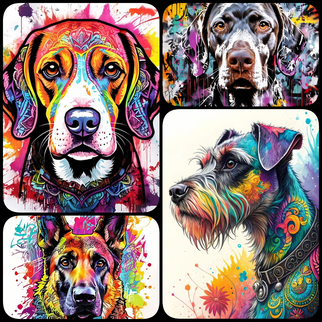 30 FREE Files - Stunning Dogs in Psychedelic Pop & Street Art Styles  Suggested Uses for This Art:  Wall décor for living rooms, bedrooms, nurseries, or offices Children’s room art with whimsical and colorful animal designs Educational spaces like classro