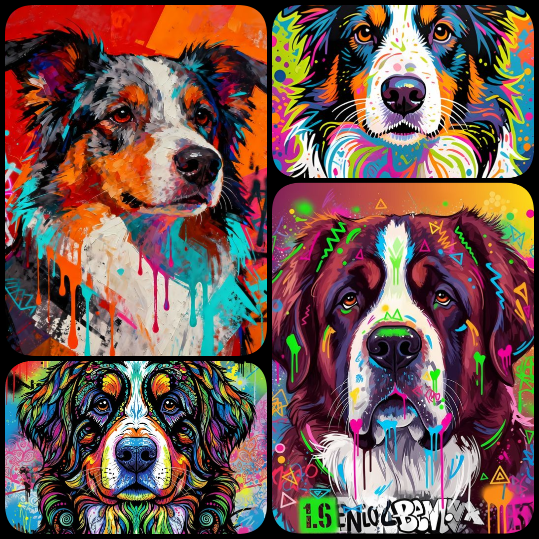 30 FREE Files - Stunning Dogs in Psychedelic Pop & Street Art Styles  Suggested Uses for This Art:  Wall décor for living rooms, bedrooms, nurseries, or offices Children’s room art with whimsical and colorful animal designs Educational spaces like classro