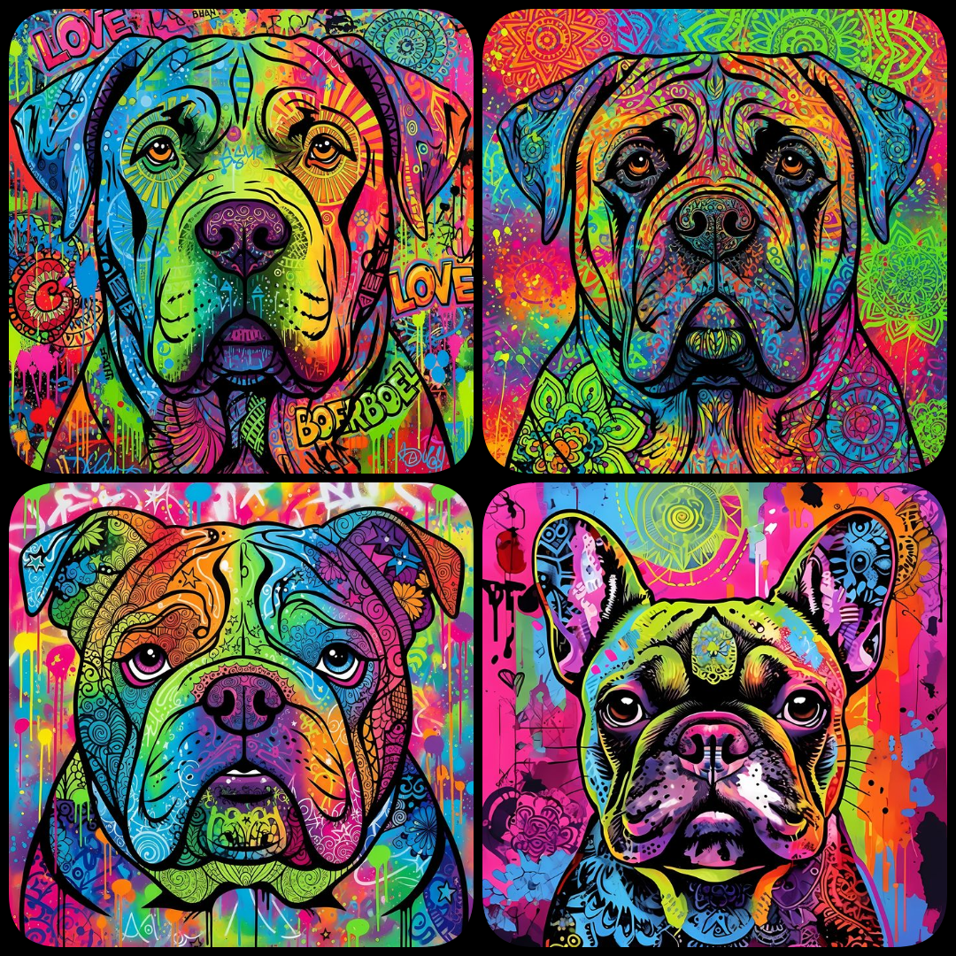 30 FREE Files - Stunning Dogs in Psychedelic Pop & Street Art Styles  Suggested Uses for This Art:  Wall décor for living rooms, bedrooms, nurseries, or offices Children’s room art with whimsical and colorful animal designs Educational spaces like classro