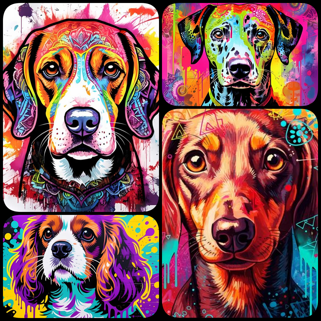 30 FREE Files - Stunning Dogs in Psychedelic Pop & Street Art Styles  Suggested Uses for This Art:  Wall décor for living rooms, bedrooms, nurseries, or offices Children’s room art with whimsical and colorful animal designs Educational spaces like classro