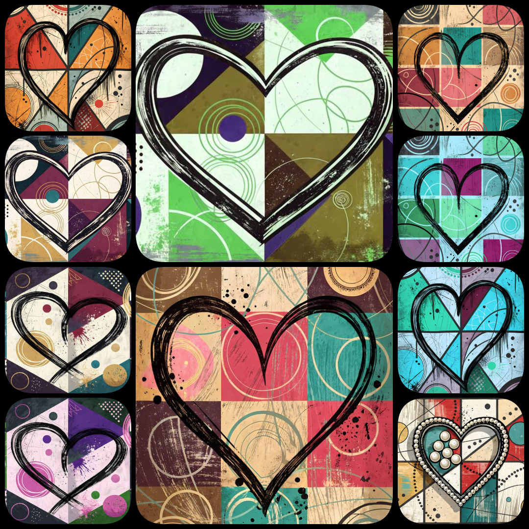 A bold #geometricart  #popart #graffiti artwork featuring a large central heart outlined in expressive black strokes. The design blends #abstractart  #expressionism , pop art, and #urban  graffiti #streetart  , with vibrant color blocking, textured detail