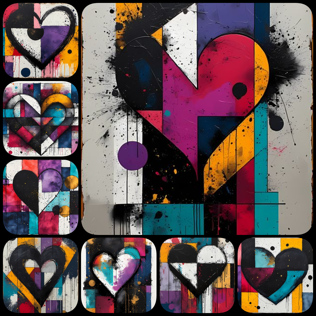 A bold #geometricart  #popart #graffiti artwork featuring a large central heart outlined in expressive black strokes. The design blends #abstractart  #expressionism , pop art, and #urban  graffiti #streetart  , with vibrant color blocking, textured detail