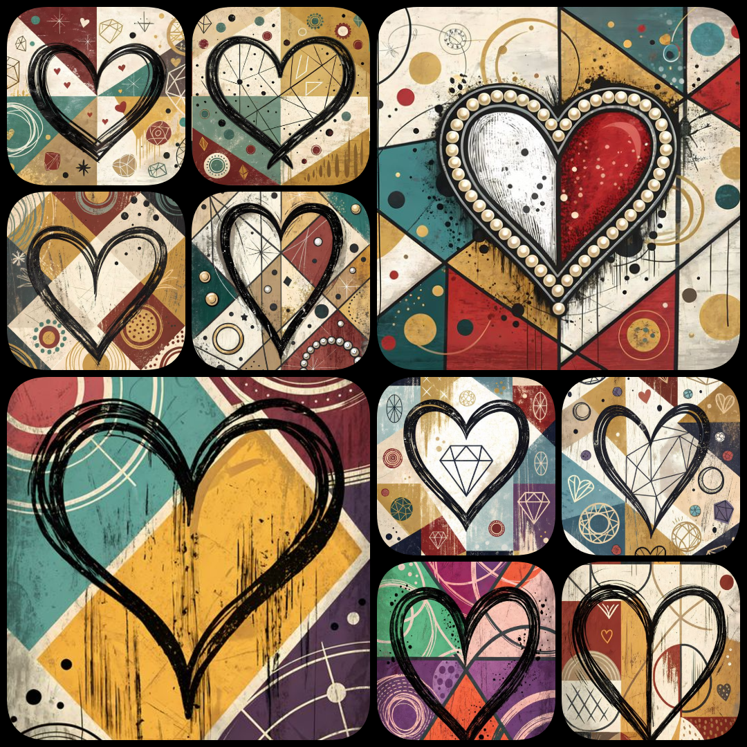 A bold #geometricart  #popart #graffiti artwork featuring a large central heart outlined in expressive black strokes. The design blends #abstractart  #expressionism , pop art, and #urban  graffiti #streetart  , with vibrant color blocking, textured detail