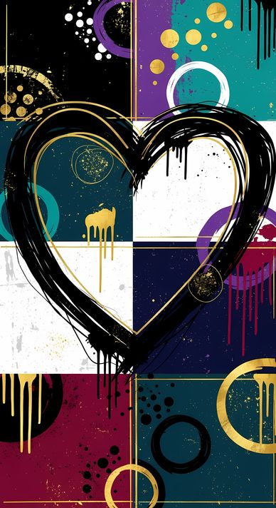 A bold #geometricart  #popart #graffiti artwork featuring a large central heart outlined in expressive black strokes. The design blends #abstractart  #expressionism , pop art, and #urban  graffiti #streetart  , with vibrant color blocking, textured detail