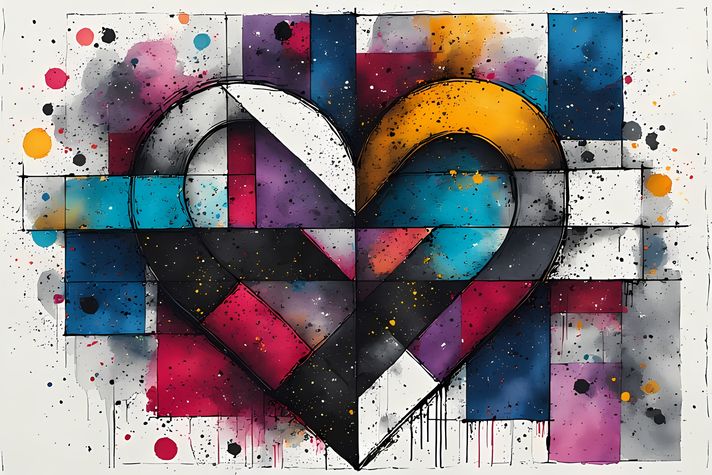 A bold #geometricart  #popart #graffiti artwork featuring a large central heart outlined in expressive black strokes. The design blends #abstractart  #expressionism , pop art, and #urban  graffiti #streetart  , with vibrant color blocking, textured detail