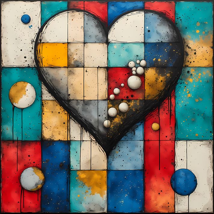 A bold #geometricart  #popart #graffiti artwork featuring a large central heart outlined in expressive black strokes. The design blends #abstractart  #expressionism , pop art, and #urban  graffiti #streetart  , with vibrant color blocking, textured detail