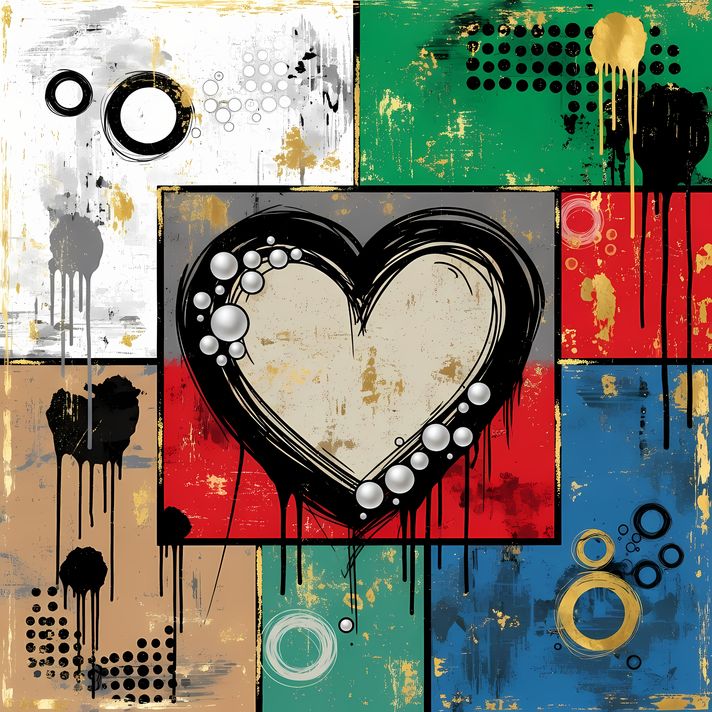 A bold #geometricart  #popart #graffiti artwork featuring a large central heart outlined in expressive black strokes. The design blends #abstractart  #expressionism , pop art, and #urban  graffiti #streetart  , with vibrant color blocking, textured detail