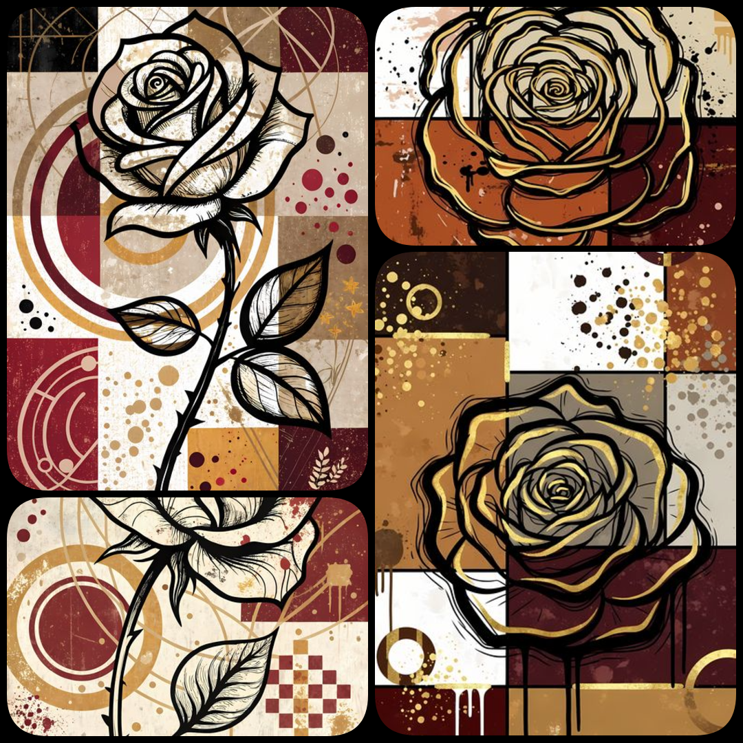 A bold #geometricart  #popart #graffiti artwork featuring a large central rose outlined in expressive black strokes. The design blends #abstractart  #expressionism , pop art, and #urban graffiti #streetart , with vibrant color blocking, textured details,
