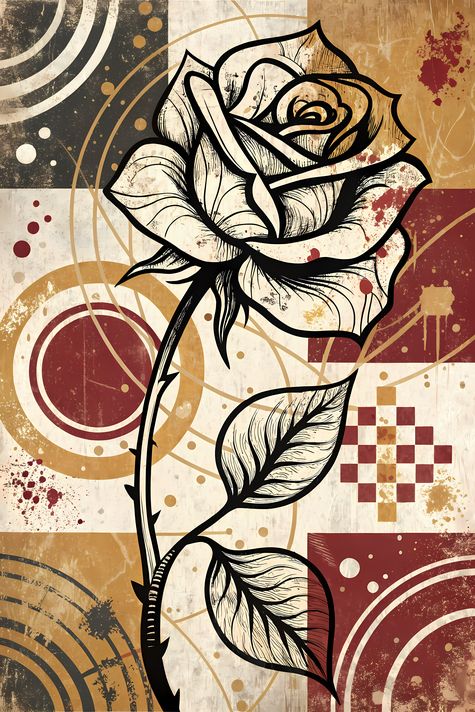 A bold #geometricart  #popart #graffiti artwork featuring a large central rose outlined in expressive black strokes. The design blends #abstractart  #expressionism , pop art, and #urban graffiti #streetart , with vibrant color blocking, textured details,