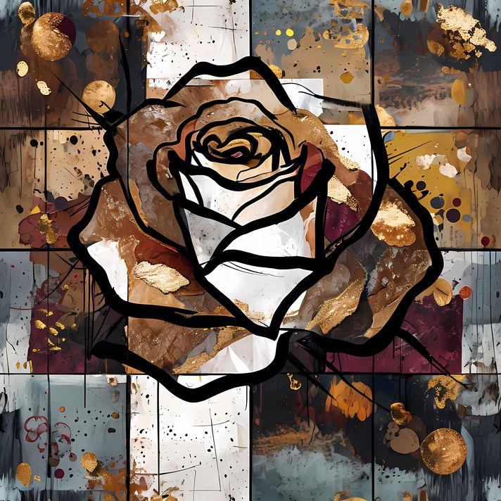 A bold #geometricart  #popart #graffiti artwork featuring a large central rose outlined in expressive black strokes. The design blends #abstractart  #expressionism , pop art, and #urban graffiti #streetart , with vibrant color blocking, textured details,