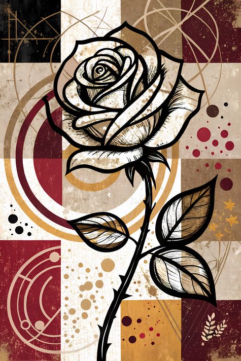 A bold #geometricart  #popart #graffiti artwork featuring a large central rose outlined in expressive black strokes. The design blends #abstractart  #expressionism , pop art, and #urban graffiti #streetart , with vibrant color blocking, textured details,