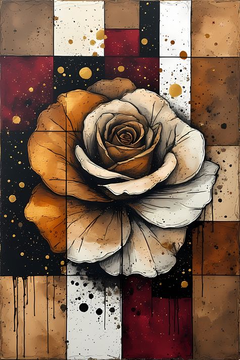 A bold #geometricart  #popart #graffiti artwork featuring a large central rose outlined in expressive black strokes. The design blends #abstractart  #expressionism , pop art, and #urban graffiti #streetart , with vibrant color blocking, textured details,