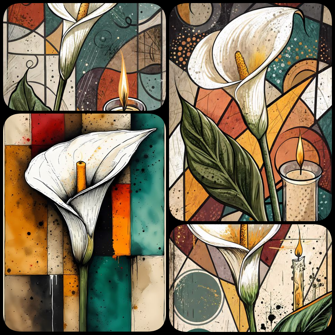 25 FREE Files - Calla Lilies in Geometric Pop-Graffiti Art Styles  ♥    A bold geometric pop-graffiti artwork featuring a large central calla lily in expressive black strokes. The design blends abstract expressionism, pop art, and urban graffiti street ar