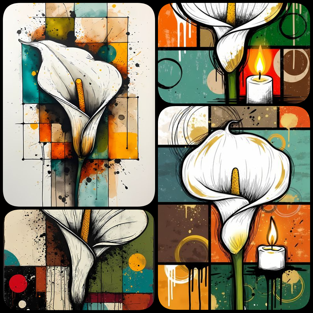 25 FREE Files - Calla Lilies in Geometric Pop-Graffiti Art Styles  ♥    A bold geometric pop-graffiti artwork featuring a large central calla lily in expressive black strokes. The design blends abstract expressionism, pop art, and urban graffiti street ar