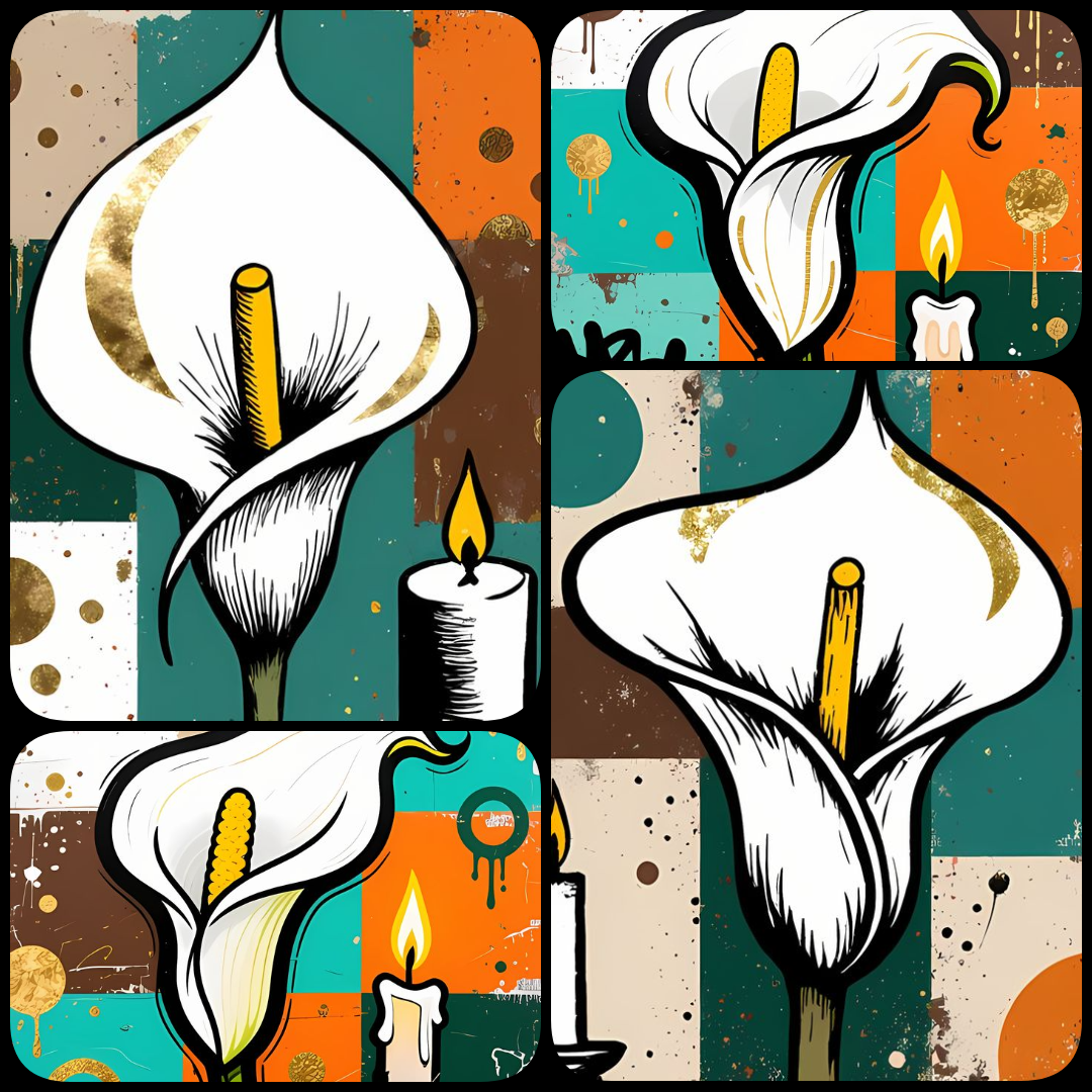 25 FREE Files - Calla Lilies in Geometric Pop-Graffiti Art Styles  ♥    A bold geometric pop-graffiti artwork featuring a large central calla lily in expressive black strokes. The design blends abstract expressionism, pop art, and urban graffiti street ar