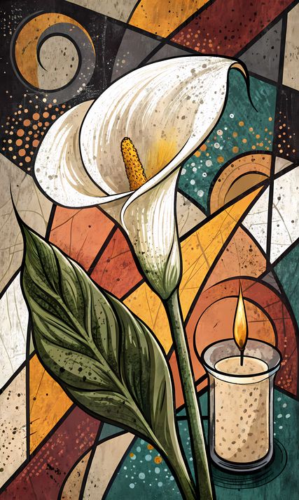 25 FREE Files - Calla Lilies in Geometric Pop-Graffiti Art Styles  ♥    A bold geometric pop-graffiti artwork featuring a large central calla lily in expressive black strokes. The design blends abstract expressionism, pop art, and urban graffiti street ar