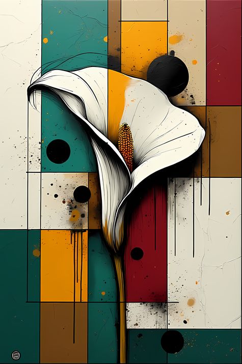 25 FREE Files - Calla Lilies in Geometric Pop-Graffiti Art Styles  ♥    A bold geometric pop-graffiti artwork featuring a large central calla lily in expressive black strokes. The design blends abstract expressionism, pop art, and urban graffiti street ar