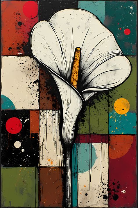 25 FREE Files - Calla Lilies in Geometric Pop-Graffiti Art Styles  ♥    A bold geometric pop-graffiti artwork featuring a large central calla lily in expressive black strokes. The design blends abstract expressionism, pop art, and urban graffiti street ar