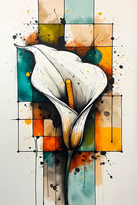 25 FREE Files - Calla Lilies in Geometric Pop-Graffiti Art Styles  ♥    A bold geometric pop-graffiti artwork featuring a large central calla lily in expressive black strokes. The design blends abstract expressionism, pop art, and urban graffiti street ar